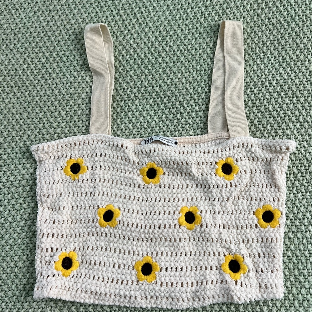 Zara Cream Crochet Cropped Top with Sunflowers